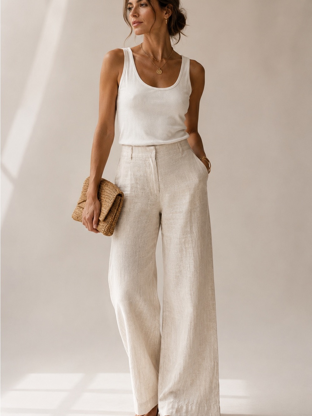 Natural Beige Wide-Leg Linen-Blend Pants
